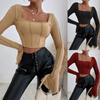 Women Casual Slim Fit Long Sleeve Square Neck Pullover Knit T Shirt
