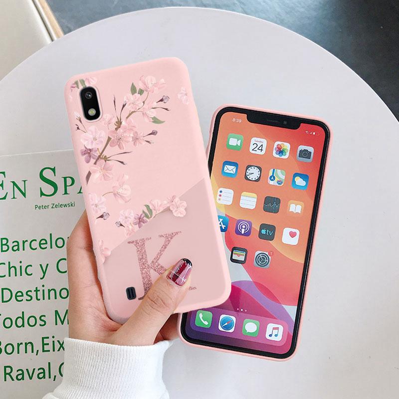 Pink Flower Case For Samsung Galaxy A10 Phone Cover Soft Silicone Initial Letter Fashion Shell Coque For Samsung A 10 Fundas