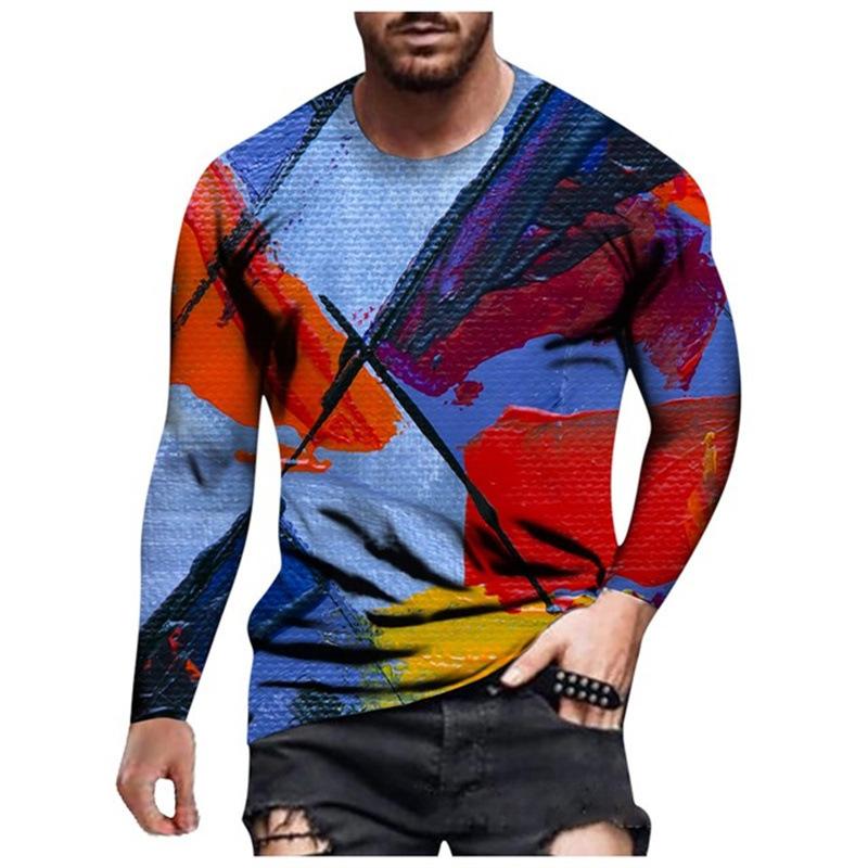 Spring and Autumn Round Neck 3D Graffiti Maker Printed Top Fashionable Casual Long Sleeved Men's T-shirts