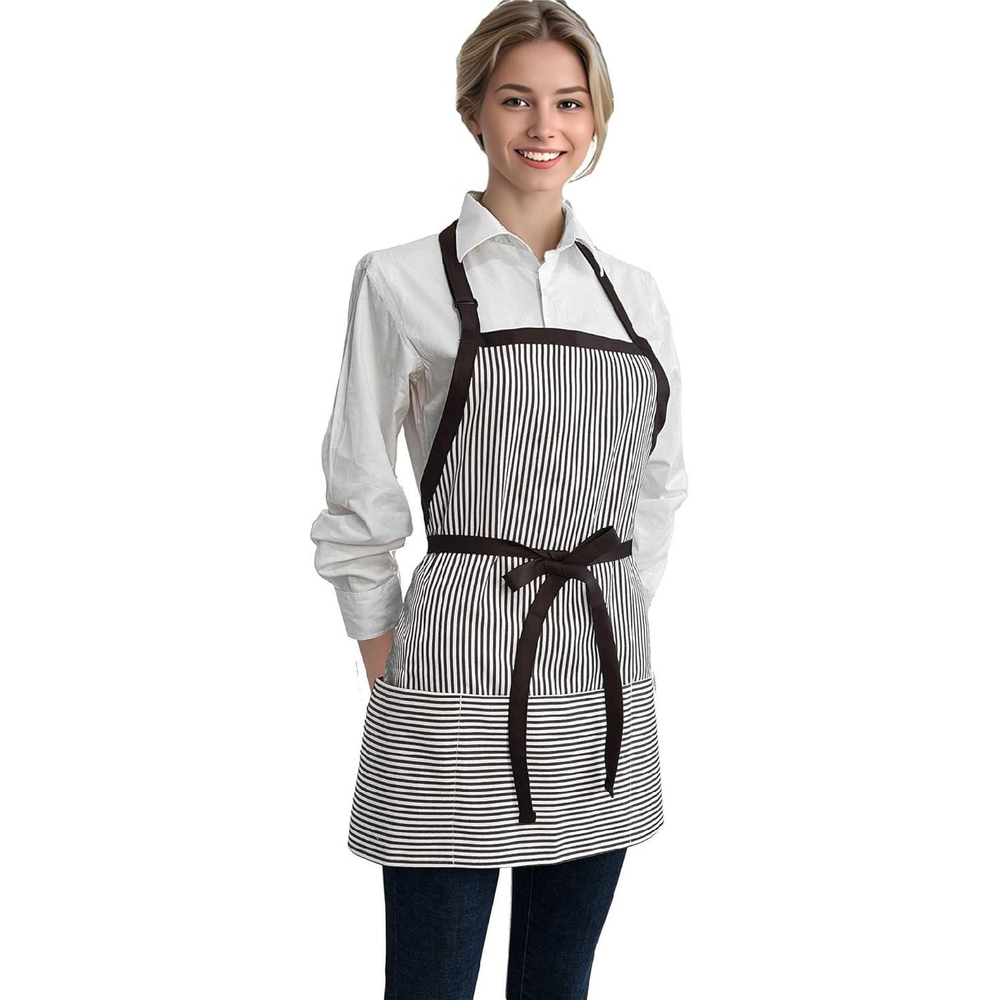 Chef Apron Striped Waitress Apron Kitchen Cooking Women Short Apron Adjustable Halter Cute Apron White+brown