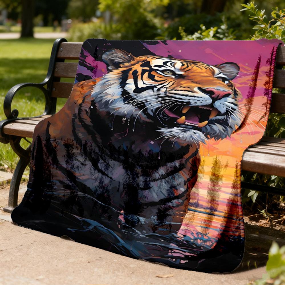 1pc Tiger Print Print Outdoor Blanket, Lightweight Polyester,