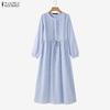 Women Casual Round Neck Loose Long Sleeve Stripe Dress