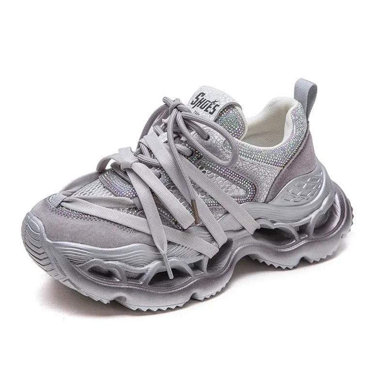 Fashion 6.5CM Women Thick Sole Platform Casual Sneakers Summer Mesh Breathable Mixed Colors Rhinestone Outside Height Increasing Shoes