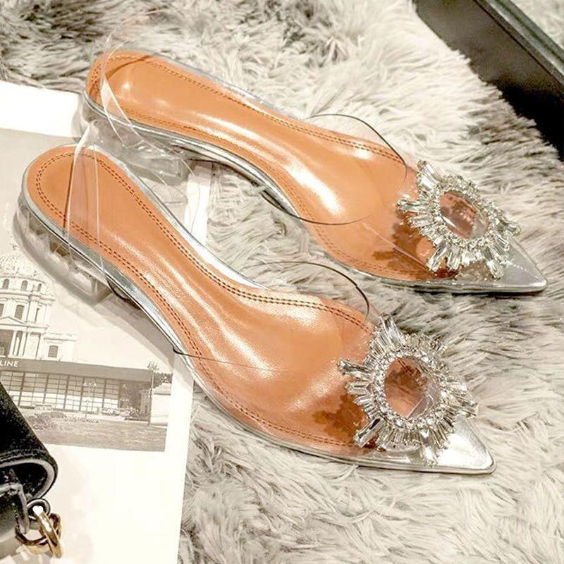 

Baotou Transparent Sandals Fairy Summer Low Heel Back Empty Single Shoes Sexy Celebrity One Word with Crystal High Heels Female 35