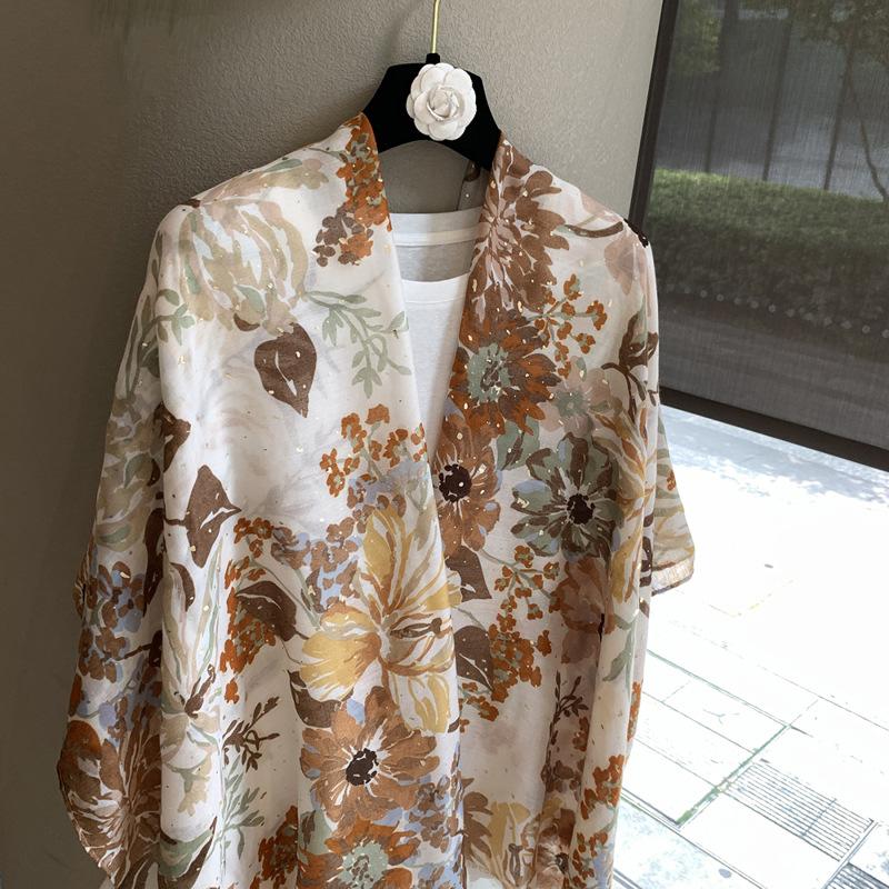 Literary And Retro Bronzing Printing Long Silk Scarf Sunscreen Shawl Travel Photo Decoration Yarn Outer Scarf Shawl