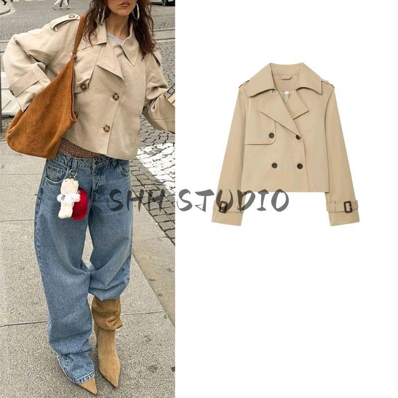 Fall New Women's Clothing British Style Double Row Ornament Casual Polo Collar Long Sleeves Short Trench Coat Jacket Outwear