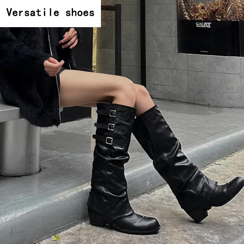 Dámské západní kovbojské boty móda se špičatou špičkou dlouhé boty dámské elegantní boty na silném podpatku zimní vyjímatelná dámská obuv