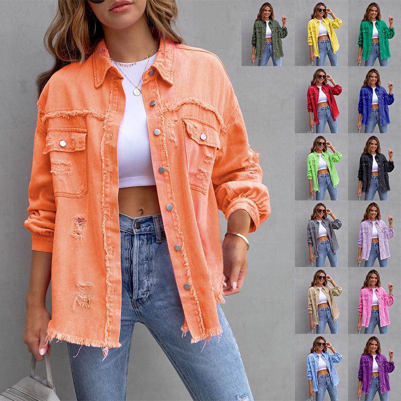 New 2023 Women's Autumn/Winter Denim Cardigan - Solid Color, Single-Breasted Turn-Down Collar Shirt Jacket