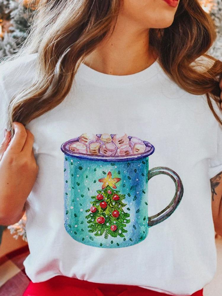 Women's Tops Christmas Short Sleeve Tees Female Summer Beach Funny Cartoon Santa Reindeer Printed T-Shirt Regular Graphic Female