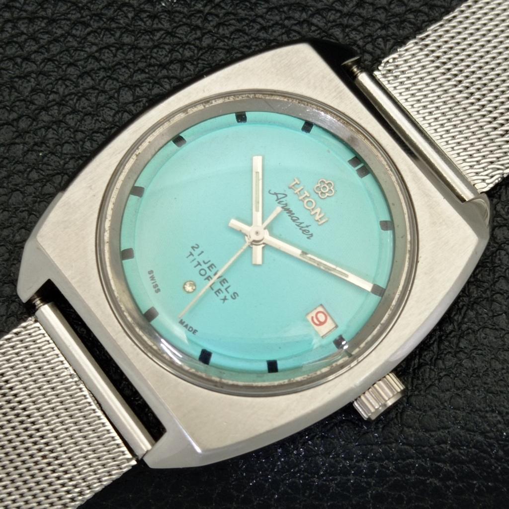 USED TITONI AIRMASTER TITOFLEX SWISS MENS TURQUOISE BLUE DIAL WATCH a432179-2 R110-a432179