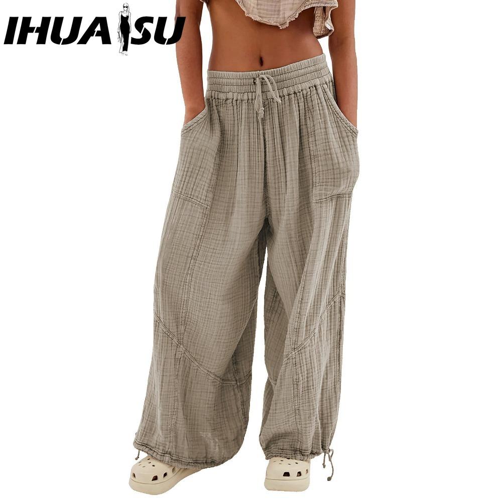 

IHUASU 8 цветов Женские брюки с высокой эластичной талией Широкие штанины Свободные брюки Глубокий жилет Плиссированные щиколотки Карманы Однотонные Мягкие женские повседневные брюки XXXL серый