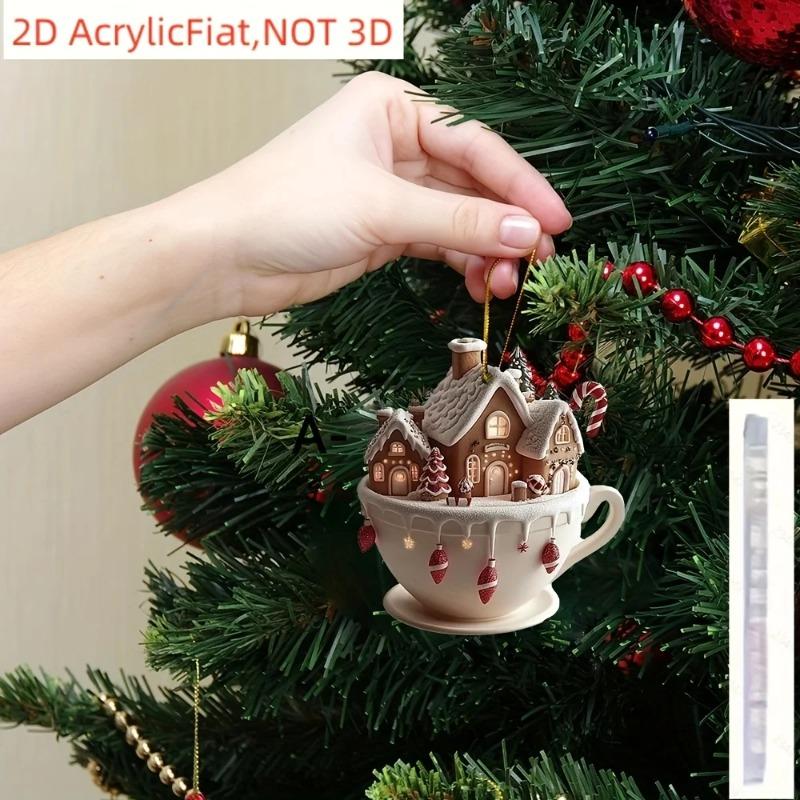 2D Flat Christmas Snow House Chocolate Mug Acrylic Decoration Sign, Home Decor Plaque Hanging Wall Art Decorative Garden Decoration for Room Door Sign