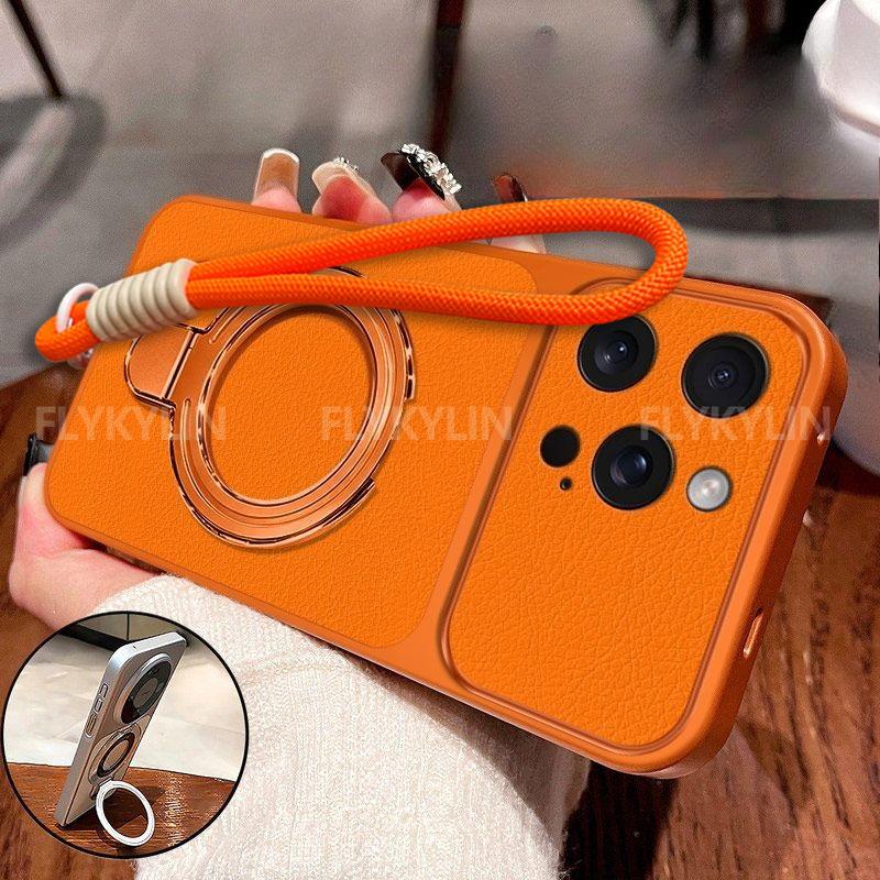 Magnetic Stand Bracket Phone Case For iPhone 17 16 15 14 13 12 11 Pro Max Plus PU Lambskin Leather With Wrist Strap Soft Cover