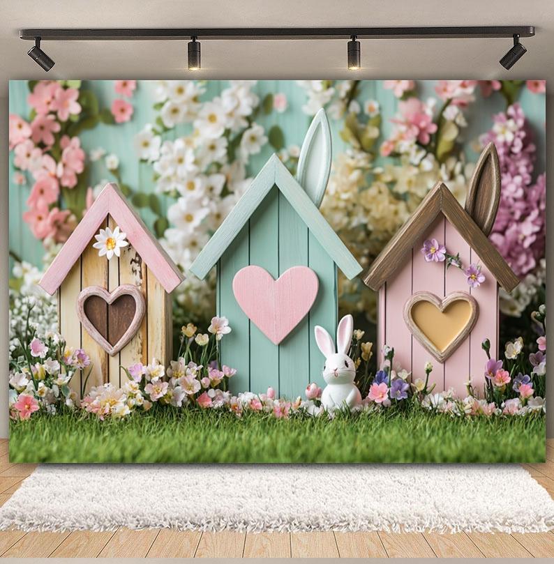 Spring Easter Cottage Colorful Egg Rabbit Photography Background Flower and Tree House Children's Birthday Decoration Backdrop