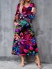 2025 Autumn and Winter New Women Casual Fashion Dress 3D Retro Pattern Print  Long Sleeve V-Neck A-Line Dresses