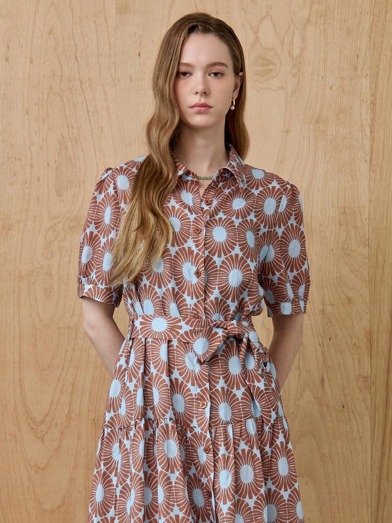 M.GRAF Geometric Dot Pattern Belted Shirt Long Dress