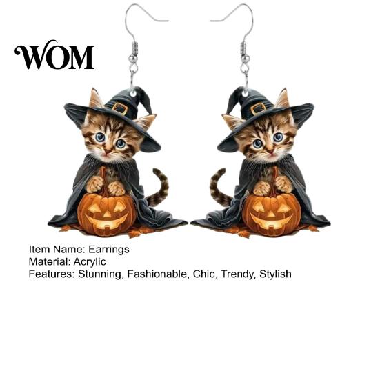 Curved Ear Hooks 1 Pair Halloween Witch Cat Earrings for Women, Acrylic Cute Anti-rust Metal Kitten Dangle Drop with Pumpkin, Party Costume