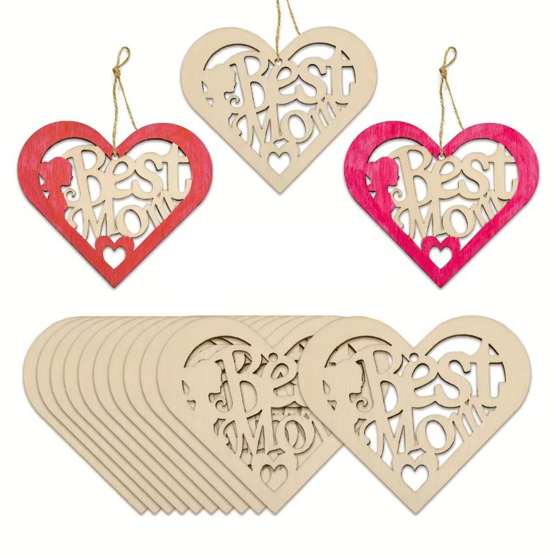 24pcs Wooden Heart Shape Diy Craft Ornaments with Twine String Clothes Great for Home Decor and Party Favor Mother's Day Gift