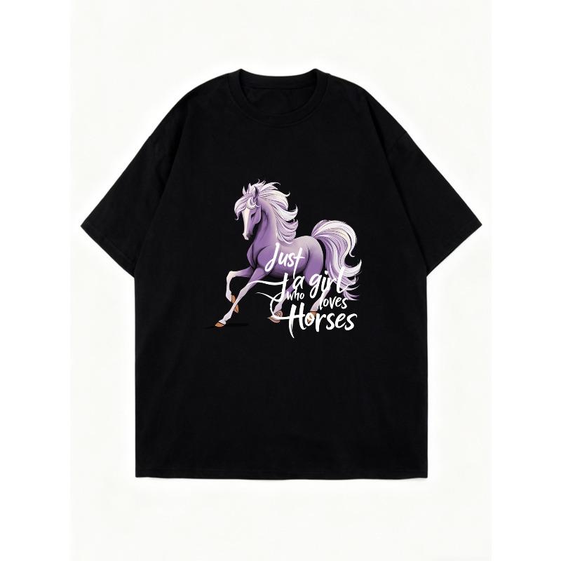 Oversized T Shirt Black Horse Graphic And Text Just A Girl Who Loves Horses Casual Wear For Women
