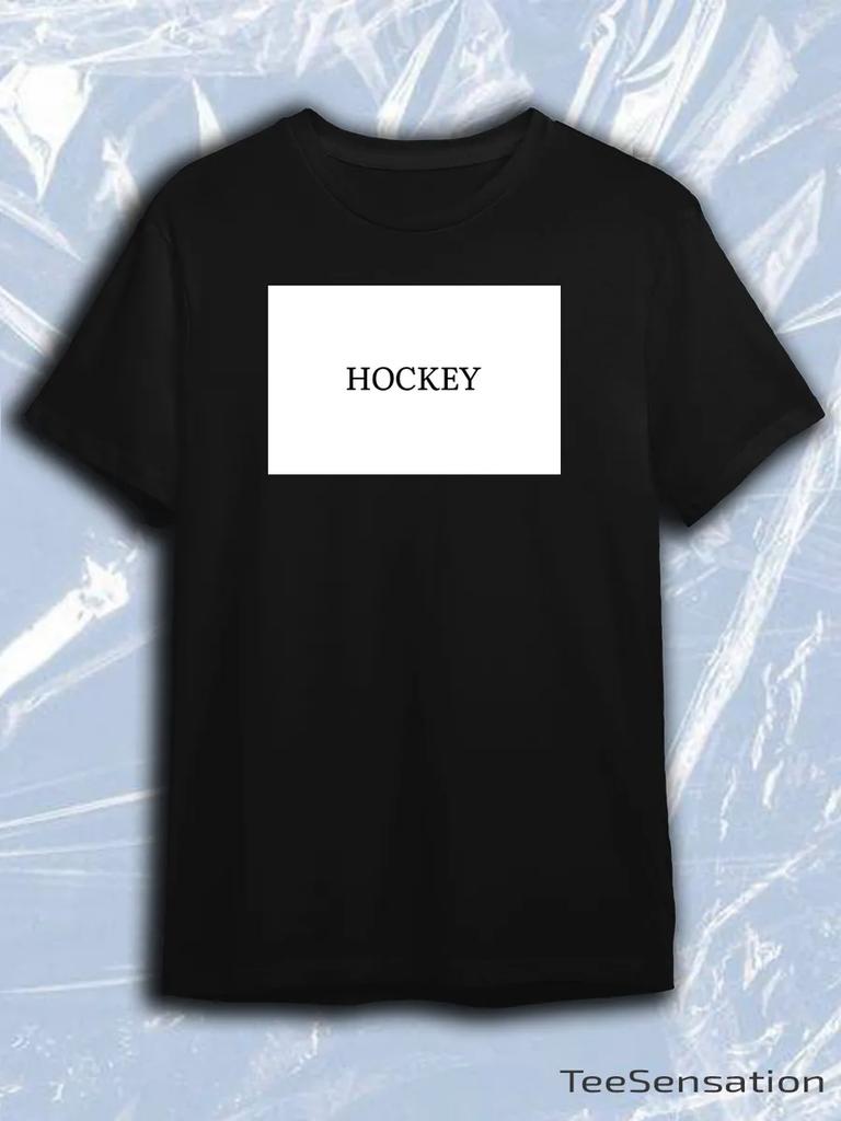 TeeSensation Black Crew Neck Short Sleeve T-Shirt with White Rectangle Black HOCKEY Text