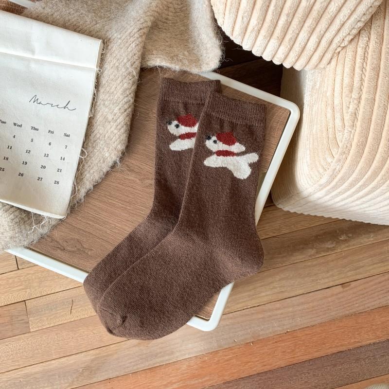 Ladies Winter Warmth Thickened Cute Cartoon Puppy Wool Boneless Mid Tube Socks