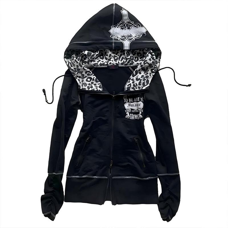 ZYLLO Fashion Retro Trend Harajuku Ins Zipper Hooded Cardigan Sweatshirt Street Punk Women Top Y2k Clothing