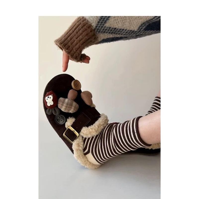 Schal Bär All-Inclusive Samt Damen Winter Neu Ein-Pedal Flauschige Schuhe Plateau-Sohle Retro Einzelne Schuhe