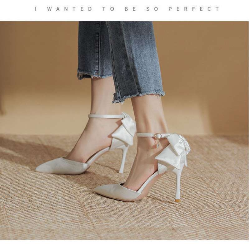 One-word buckle single shoes wedding shoes female bride shoes satin spring and summer hollow white wedding dress two wear pointed stiletto high heels