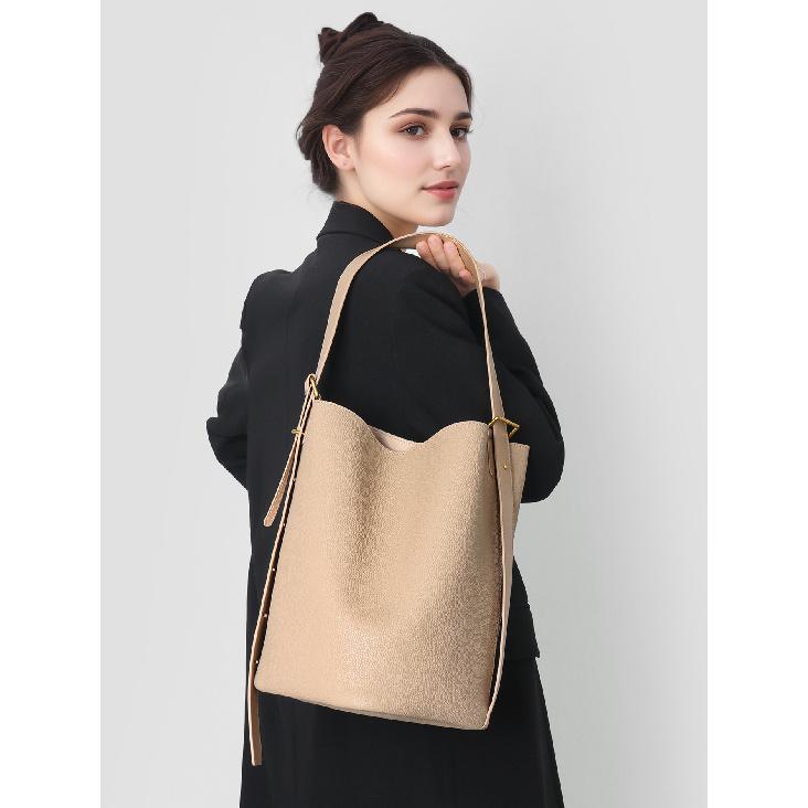 Women's Bag Korean Style Lazy Chic High-end Large Capacity Spring Summer New Genuine Leather Bucket Bag Commuter Crossbody Tote Bag