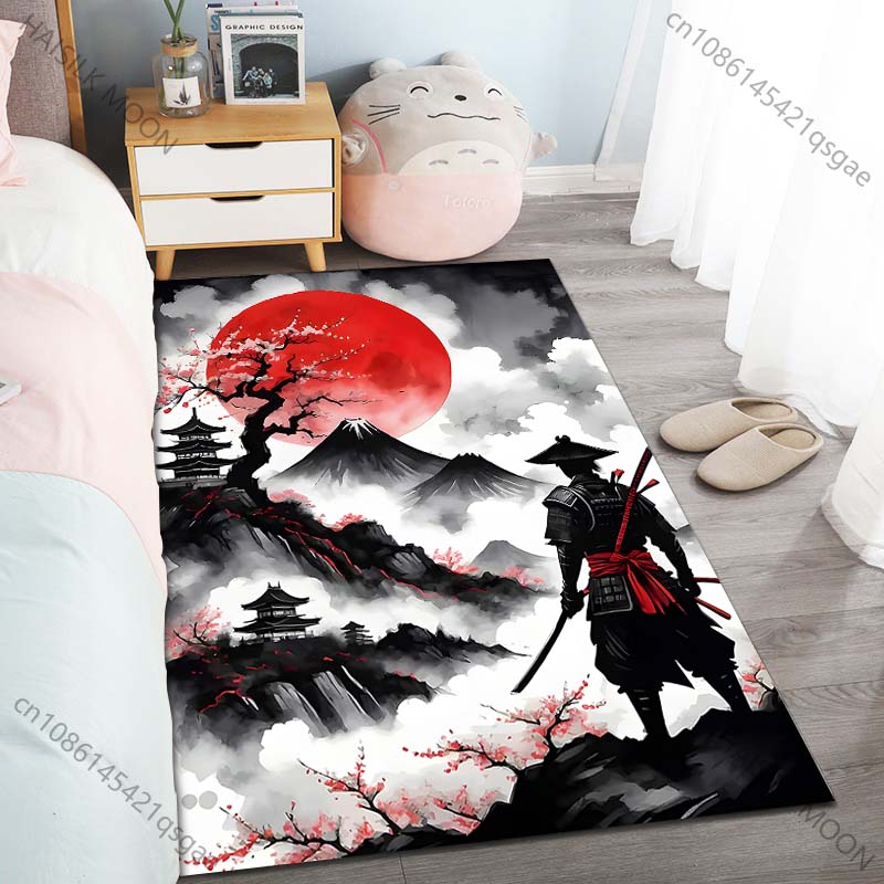 Samurai Red Sun Mountain Scene Pattern Rug Carpets for Bedroom Living Room Sofa Mat Creative Door Mat Cloakroom Home Decor