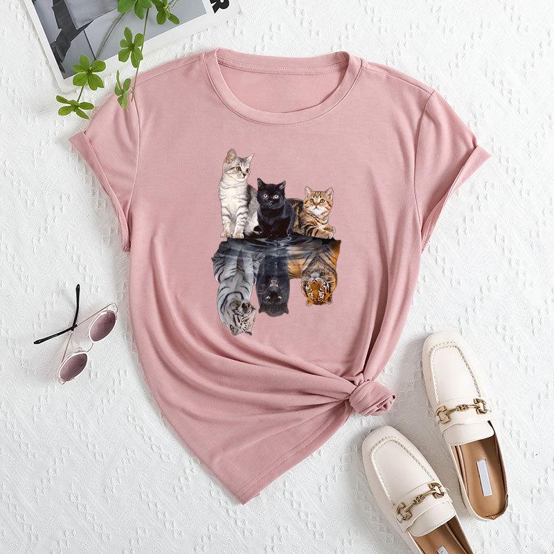Summer Women's Three Cat Printed Loose Round Neck Casual Cotton Short Sleeves T-Shirts Women's
