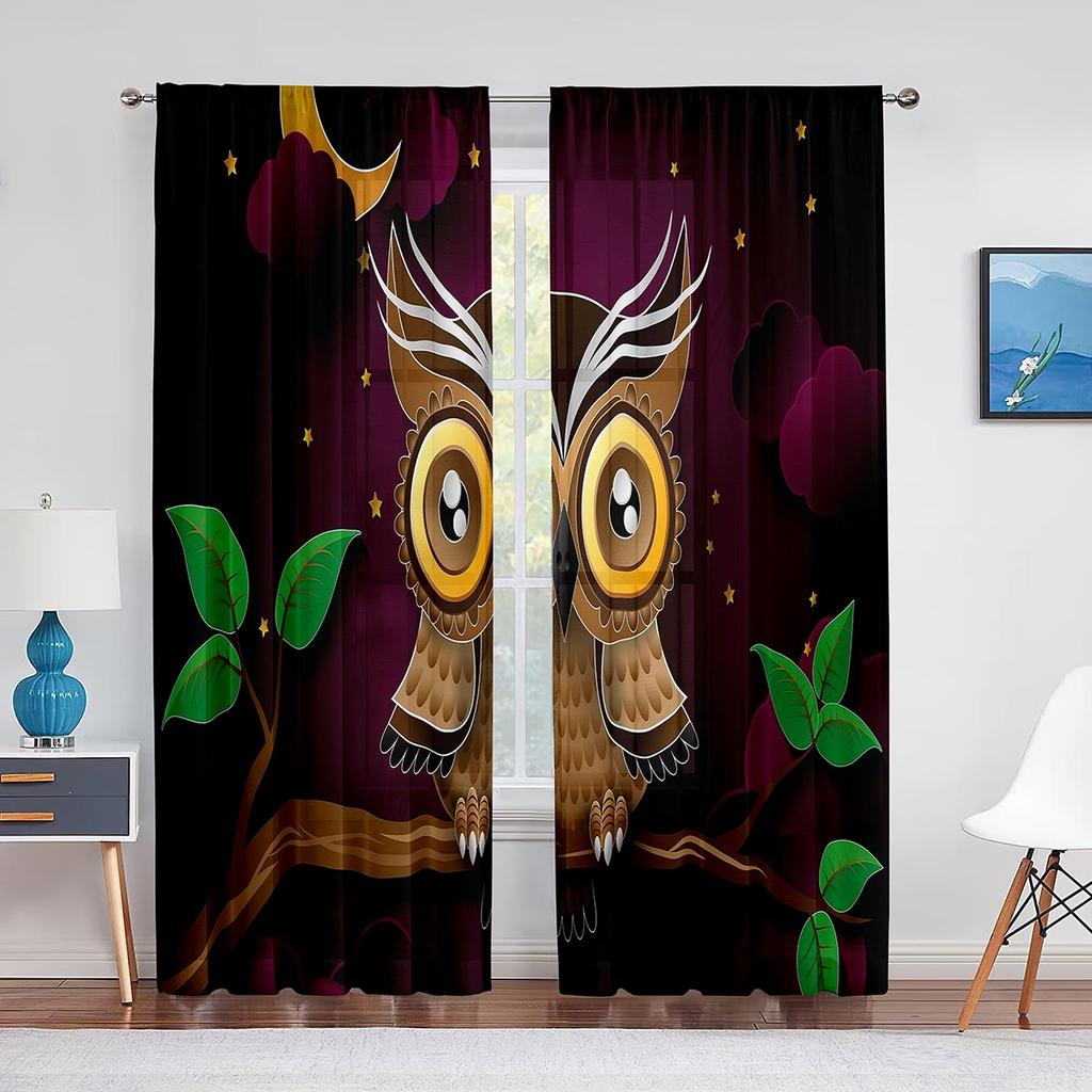 Cartoon Bunte Eulen Sitzen auf Ast Tüll Transparente Fenstervorhänge für Wohnzimmer Schlafzimmer Modern Tüll Voile Vorhänge Dekor