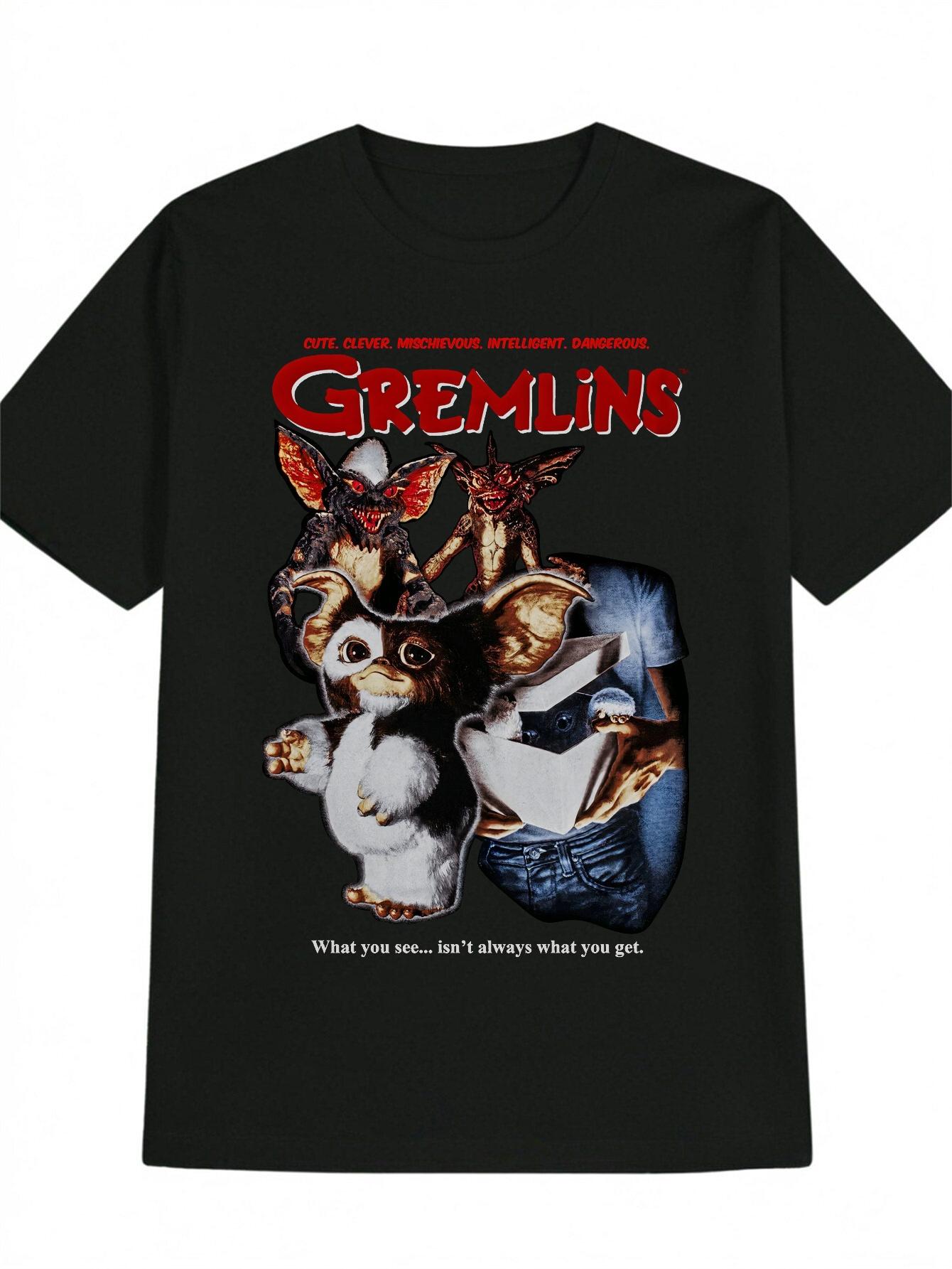Casual Crew Neck T-shirt with GREMLINS Red Letter Print M