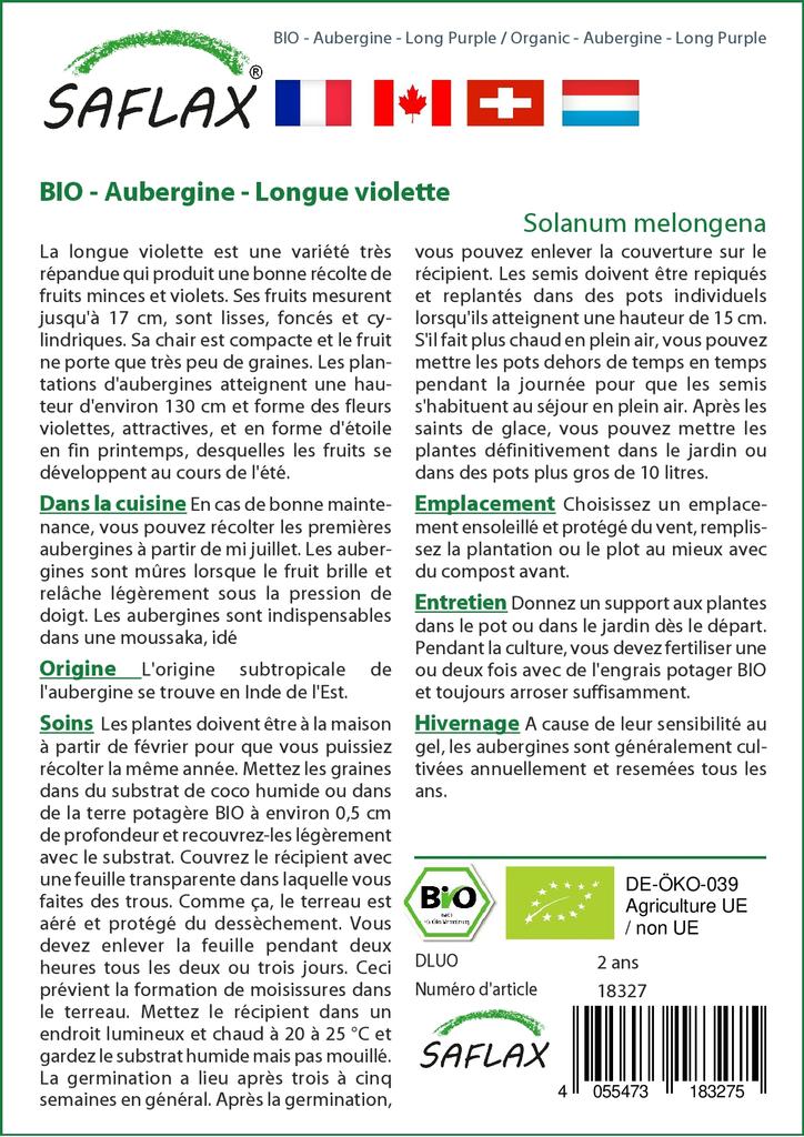 SAFLAX - Garden in the Bag - Organic - Aubergine - Long Purple - 20 seeds - With substrate in a fitting stand up bag - Solanum melongena