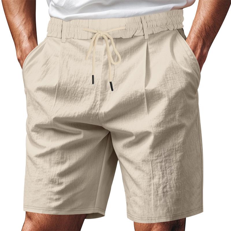 Men's Loose Fit Linen Beach Shorts with Elastic Waistband and Drawstring