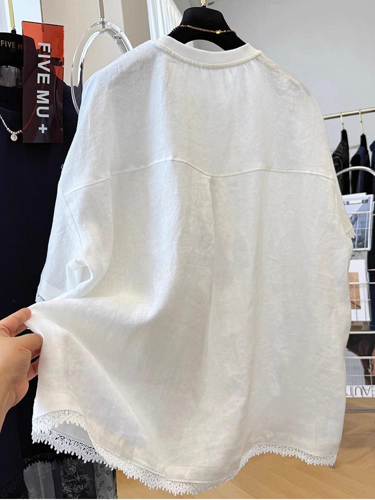 Damen T-Shirt mit kurzen Ärmeln aus Baumwoll-Leinen mit Spitzenbesatz - Schickes & Bequemes Sommeroberteil