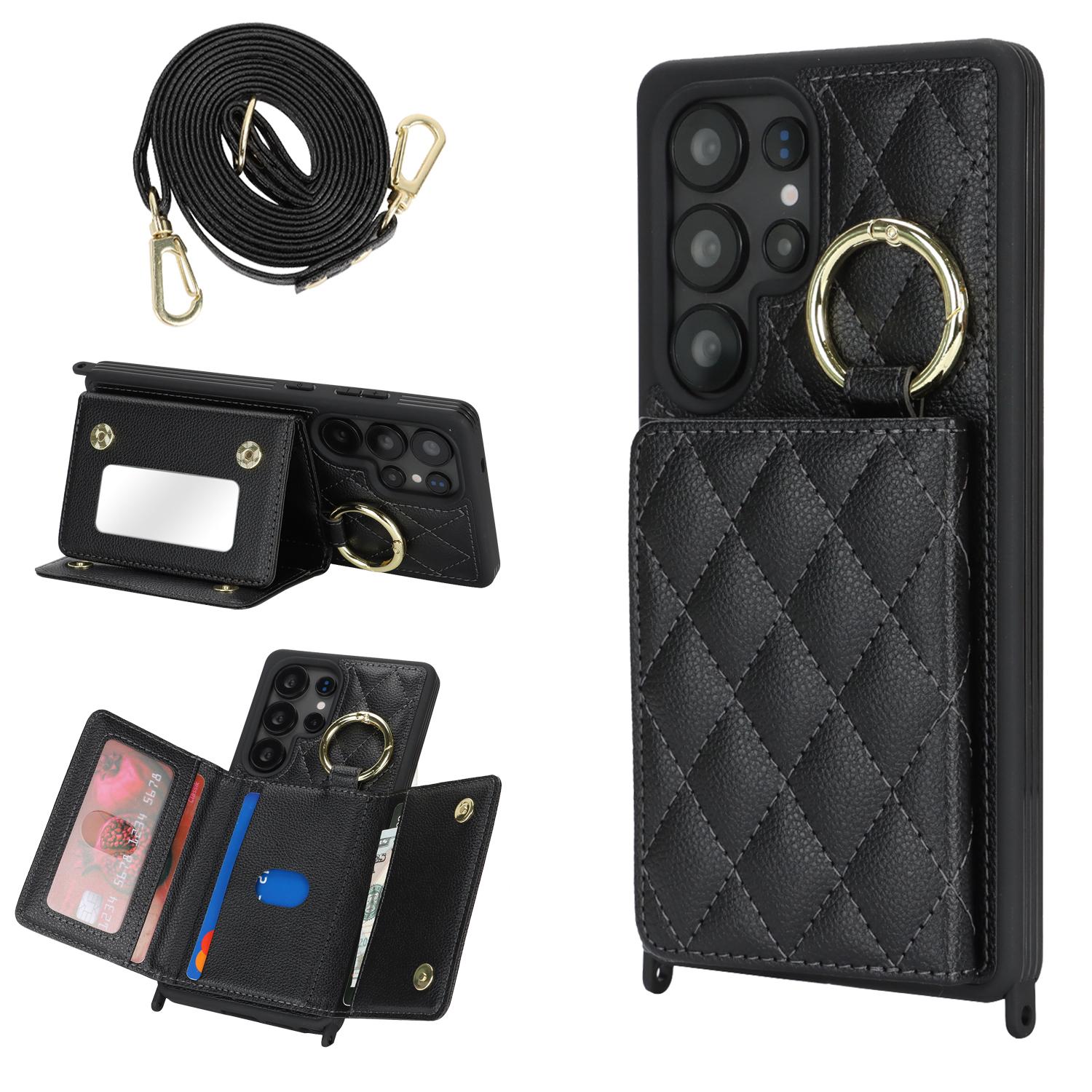 For Samsung Galaxy S25 Ultra Case with Lanyard/Mirror/Card Holder Grids Pattern RFID Blocking Phone Cover