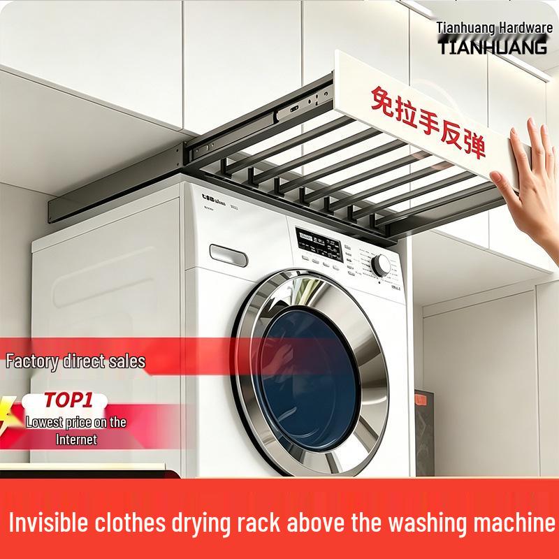 Retractable Balcony Clothes Rack with Overhead Hanging Rod and Built-in Storage