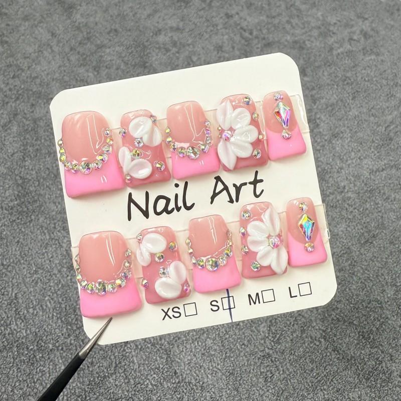 Sweet French Floral 3D Embossed Nail Tips Short Duckbill Shape Ice-Transparent Pure Desire Style Press-On Nails