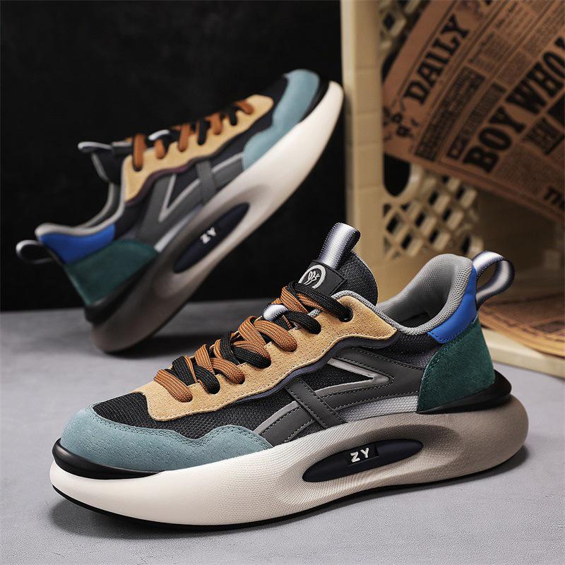 Men's Retro Genuine Leather Sneakers - Thick Sole, Breathable Mesh, All-Season Casual Fashion Shoes