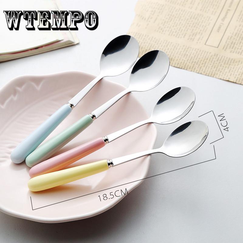 Ceramic Handle Stainless Steel Spoon Household Candy Color Family Cute Tableware