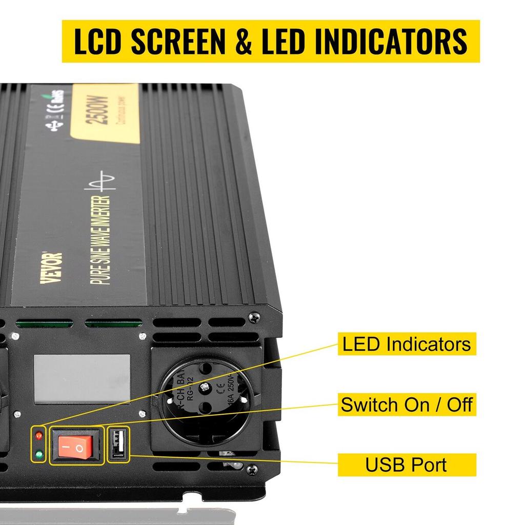 Pure Sine Wave Inverter 2500W Power Inverter DC 12V AC 230V, Car Inverter USB Port LCD Display Remote Controller, Safety Protections, Power Converter