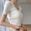 French Style White U-neck Ice Silk Knitted Short Sleeved Base T-shirt for Women's Summer Thin Cut Outerwear Mid Sleeved Air-conditioned Shirt Top
