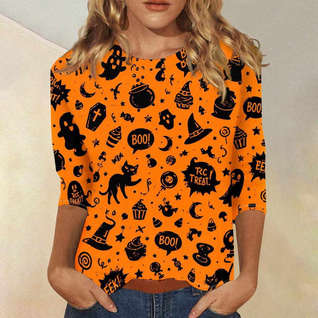 Women's Casual 3/4 Sleeve Halloween Print Round Neck Top Lightweight Comfortable Fit Seasonal Graphic Shirt