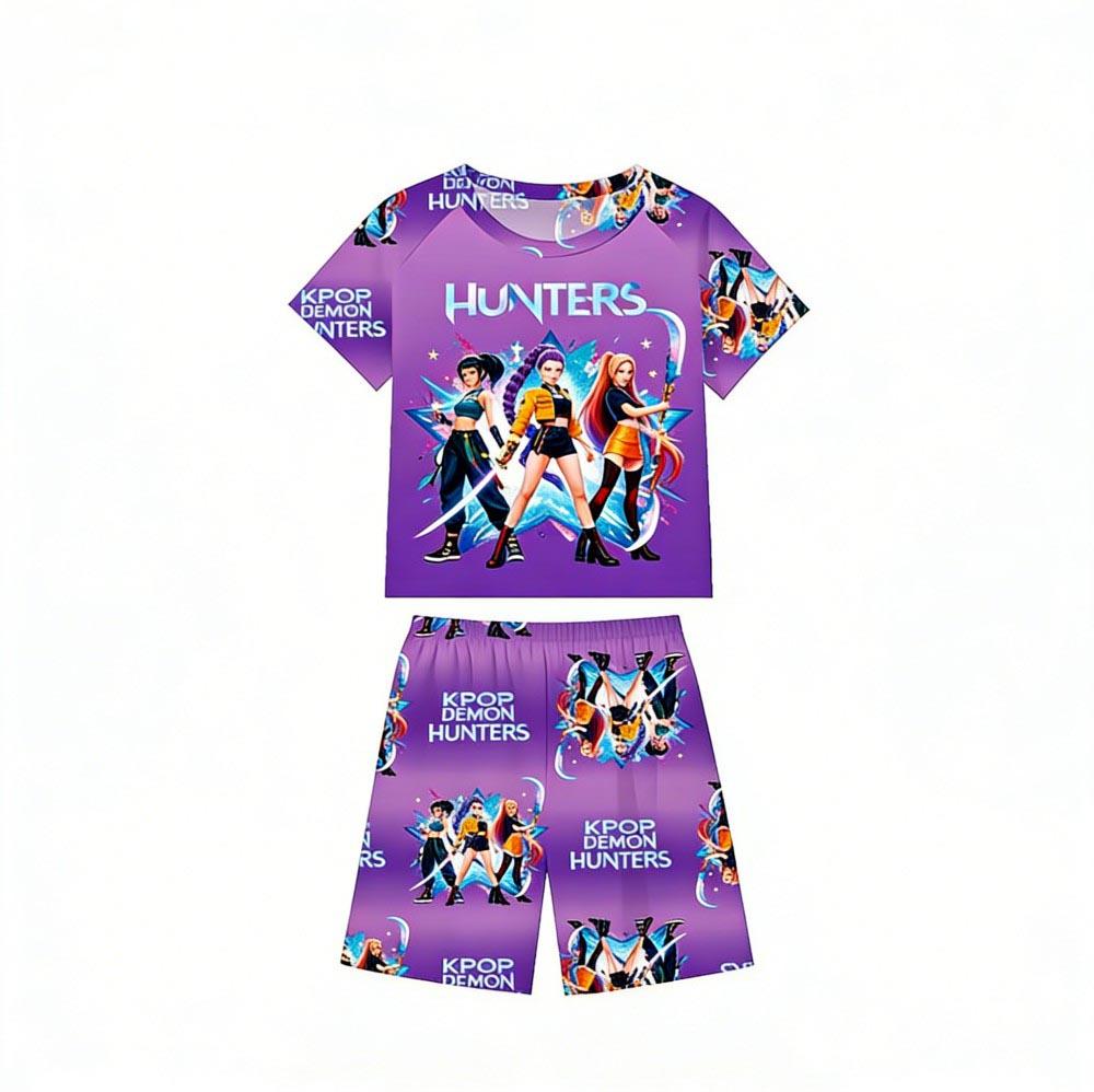 Zomer Kinder Pyjamaset Kpop Demon Hunters Bedrukt Kinder O-hals Korte Mouw Tops Shorts 2 Stuks Zomer Meisjes Casual T-shirt Sets
