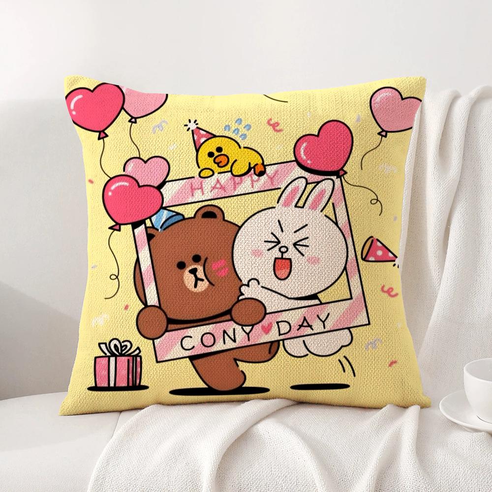 B-Brown Bear And C-Cony Cushion Cover Summer Coolness Linen Fabric Double-Sided Printing Pillow Case Sofa Home Decor Gift