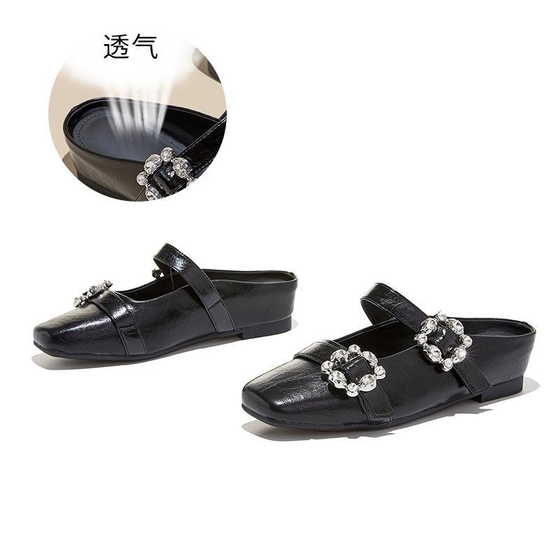 

French square buckle rhinestone half slippers women s spring new outer wear fashion temperament square head one pedal single shoes 35 чёрный