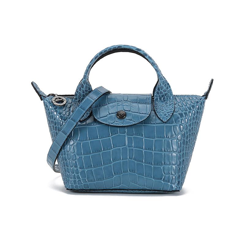

New LONGCHAMP Crocodile Pattern Cow Leather Dumpling Bag Handbag Mini Women s Blue Gray 1500HVC212 17.0*9.9*14.0CM