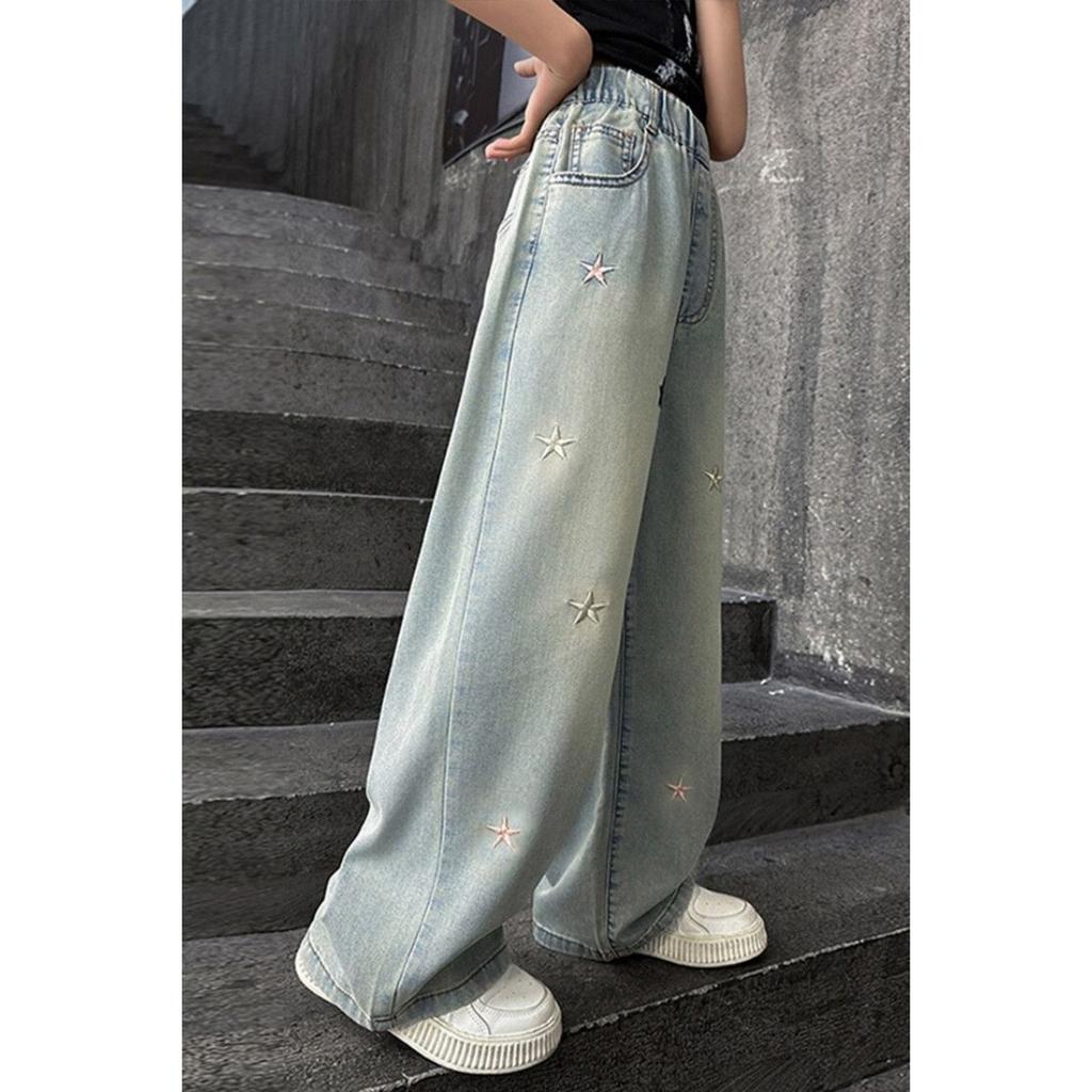 Stretchjeans for tenåringsjente - Elastisk midjebånd Opaque denimbukser - Komfortabelt dobbeltben-design, Essensielt for utendørsaktiviteter