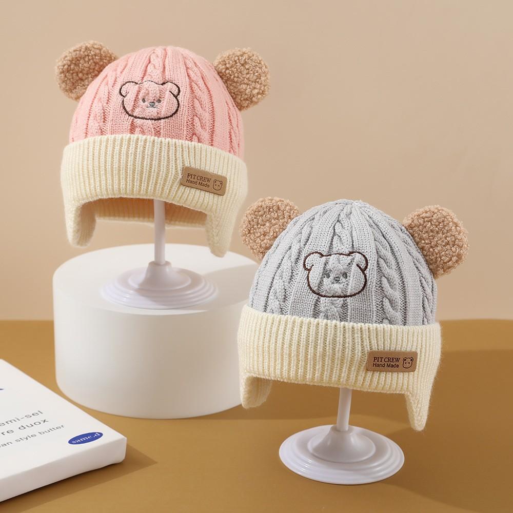 Baby Hat Cute Cartoon Bear Ear Protection Hat with Pom Pom Children Winter Thickened Warm Knitted Hats Korean Kids Beanie Caps